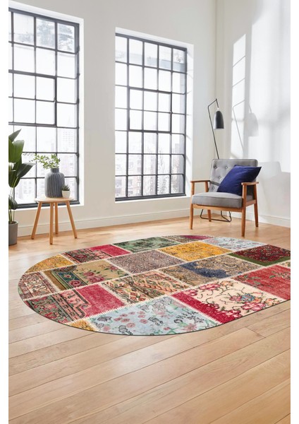 Baskılı Kaymaz Taban Yıkanabilir Patchwork Desen Oval Yolluk Salon Halısı, O-Patchwork-04-Renkli,