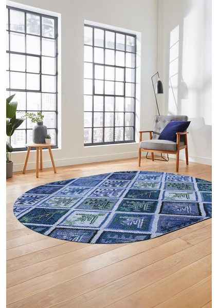 Baskılı Kaymaz Taban Yıkanabilir Patchwork Desen Oval Yolluk Salon Halısı, O-Patchwork-08-Mavi,