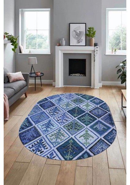 Baskılı Kaymaz Taban Yıkanabilir Patchwork Desen Oval Yolluk Salon Halısı, O-Patchwork-08-Mavi,