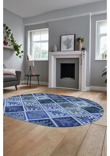 Baskılı Kaymaz Taban Yıkanabilir Patchwork Desen Oval Yolluk Salon Halısı, O-Patchwork-08-Mavi,