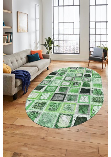 Baskılı Kaymaz Taban Yıkanabilir Patchwork Desen Oval Yolluk Salon Halısı, O-Patchwork-14-Yeşil,