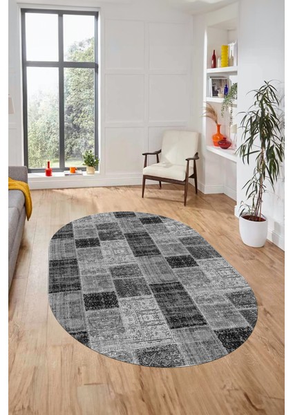 Baskılı Kaymaz Taban Yıkanabilir Patchwork Desen Oval Yolluk Salon Halısı, O-Patchwork-07-Gri,