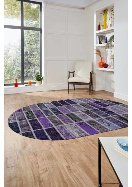 Baskılı Kaymaz Taban Yıkanabilir Patchwork Desen Oval Yolluk Salon Halısı, O-Patchwork-09-Mor,