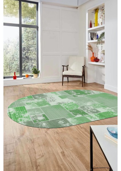 Baskılı Kaymaz Taban Yıkanabilir Patchwork Desen Oval Yolluk Salon Halısı, O-Patchwork-20-Yeşil, modelleri