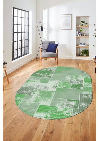 Baskılı Kaymaz Taban Yıkanabilir Patchwork Desen Oval Yolluk Salon Halısı, O-Patchwork-20-Yeşil, fırsatları