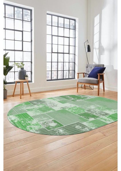 Baskılı Kaymaz Taban Yıkanabilir Patchwork Desen Oval Yolluk Salon Halısı, O-Patchwork-20-Yeşil, indirimleri