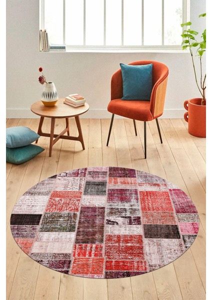 Baskılı Kaymaz Yıkanabilir Patchwork Desen Yuvarlak Mutfak Salon Halısı, Y-Patchwork-03-Kırmızı, modelleri