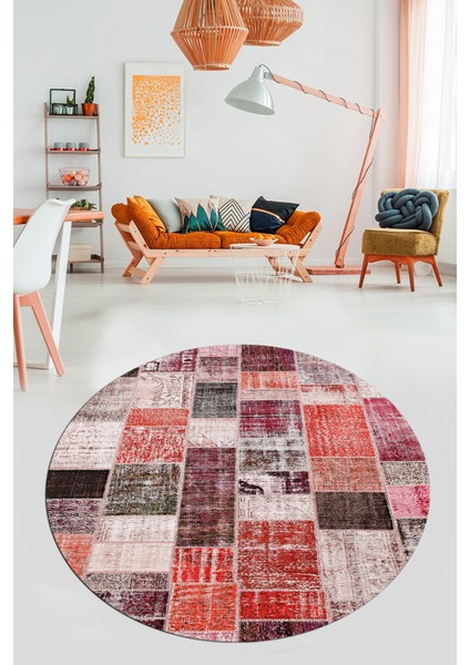 Baskılı Kaymaz Yıkanabilir Patchwork Desen Yuvarlak Mutfak Salon Halısı, Y-Patchwork-03-Kırmızı, fırsatları