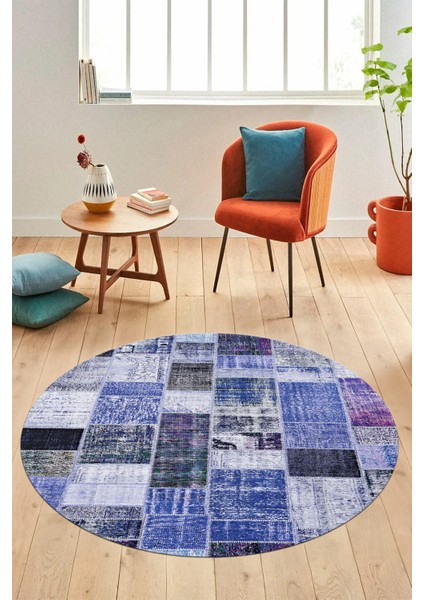 Baskılı Kaymaz Yıkanabilir Patchwork Desen Yuvarlak Mutfak Salon Halısı, Y-Patchwork-03-Mavi,