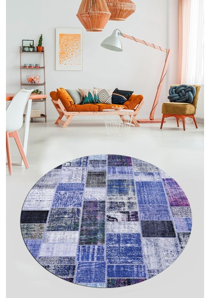 Baskılı Kaymaz Yıkanabilir Patchwork Desen Yuvarlak Mutfak Salon Halısı, Y-Patchwork-03-Mavi,