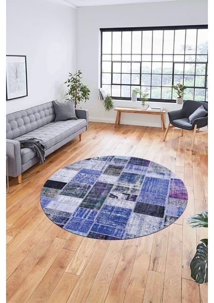 Baskılı Kaymaz Yıkanabilir Patchwork Desen Yuvarlak Mutfak Salon Halısı, Y-Patchwork-03-Mavi,