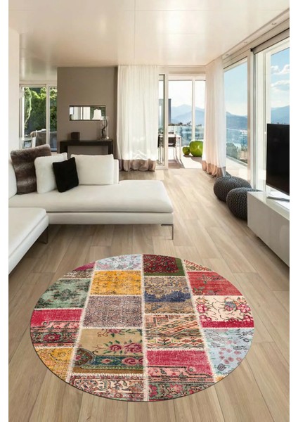 Baskılı Kaymaz Yıkanabilir Patchwork Desen Yuvarlak Mutfak Salon Halısı, Y-Patchwork-04-Renkli,