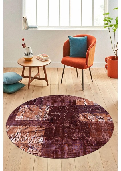 Baskılı Kaymaz Yıkanabilir Patchwork Desen Yuvarlak Mutfak Salon Halısı, Y-Patchwork-05-Kırmızı,