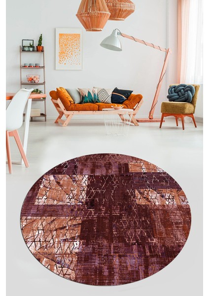 Baskılı Kaymaz Yıkanabilir Patchwork Desen Yuvarlak Mutfak Salon Halısı, Y-Patchwork-05-Kırmızı,