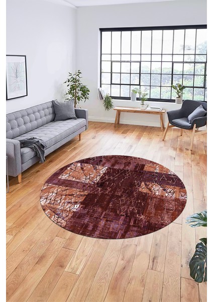 Baskılı Kaymaz Yıkanabilir Patchwork Desen Yuvarlak Mutfak Salon Halısı, Y-Patchwork-05-Kırmızı,