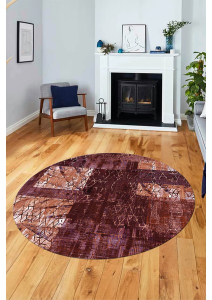Baskılı Kaymaz Yıkanabilir Patchwork Desen Yuvarlak Mutfak Salon Halısı, Y-Patchwork-05-Kırmızı,