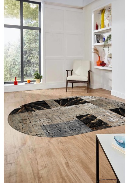 Baskılı Kaymaz Taban Yıkanabilir Patchwork Desen Oval Yolluk Salon Halısı, O-Patchwork-05-Vizon,