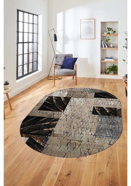 Baskılı Kaymaz Taban Yıkanabilir Patchwork Desen Oval Yolluk Salon Halısı, O-Patchwork-05-Vizon,