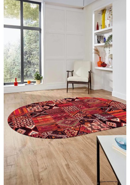 Baskılı Kaymaz Taban Yıkanabilir Patchwork Desen Oval Yolluk Salon Halısı, O-Patchwork-06-Kırmızı,