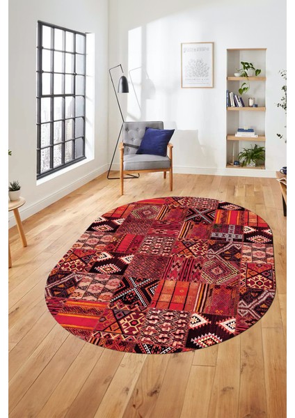 Baskılı Kaymaz Taban Yıkanabilir Patchwork Desen Oval Yolluk Salon Halısı, O-Patchwork-06-Kırmızı,