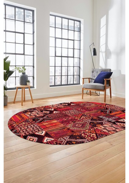 Baskılı Kaymaz Taban Yıkanabilir Patchwork Desen Oval Yolluk Salon Halısı, O-Patchwork-06-Kırmızı,