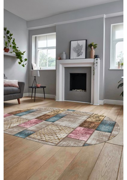 Baskılı Kaymaz Taban Yıkanabilir Patchwork Desen Oval Yolluk Salon Halısı, O-Patchwork-18-Renkli,