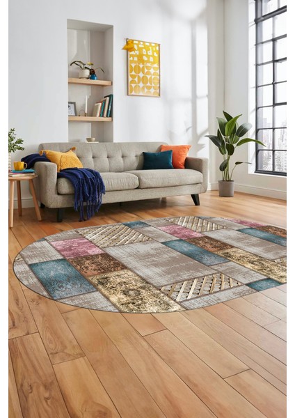 Baskılı Kaymaz Taban Yıkanabilir Patchwork Desen Oval Yolluk Salon Halısı, O-Patchwork-18-Renkli,