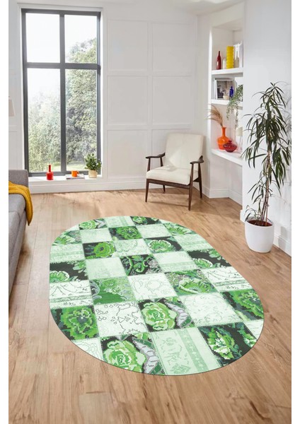 Baskılı Kaymaz Taban Yıkanabilir Patchwork Desen Oval Yolluk Salon Halısı, O-Patchwork-19-Yeşil,