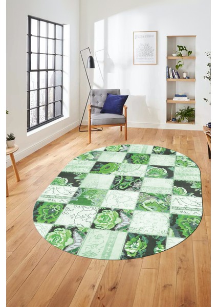 Baskılı Kaymaz Taban Yıkanabilir Patchwork Desen Oval Yolluk Salon Halısı, O-Patchwork-19-Yeşil,