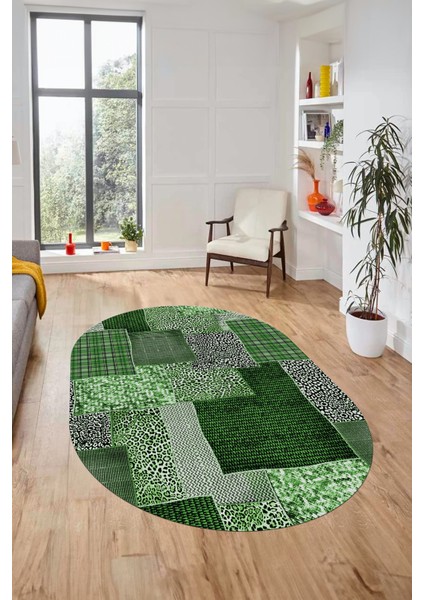 Baskılı Kaymaz Taban Yıkanabilir Patchwork Desen Oval Yolluk Salon Halısı, O-Patchwork-15-Yeşil,