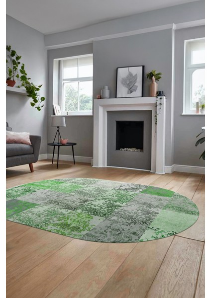 Baskılı Kaymaz Taban Yıkanabilir Patchwork Desen Oval Yolluk Salon Halısı, O-Patchwork-17-Yeşil,