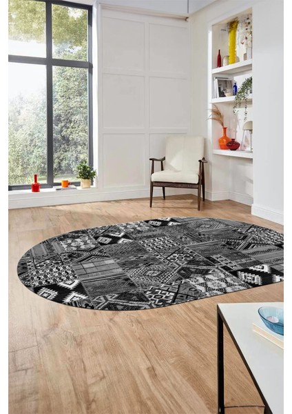 Baskılı Kaymaz Taban Yıkanabilir Patchwork Desen Oval Yolluk Salon Halısı, O-Patchwork-06-Gri, fiyatları