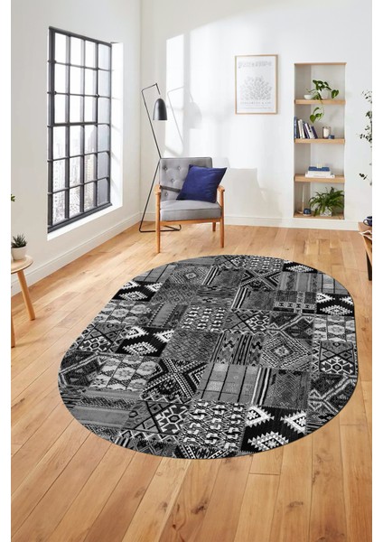 Baskılı Kaymaz Taban Yıkanabilir Patchwork Desen Oval Yolluk Salon Halısı, O-Patchwork-06-Gri, modelleri