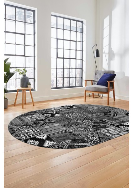 Baskılı Kaymaz Taban Yıkanabilir Patchwork Desen Oval Yolluk Salon Halısı, O-Patchwork-06-Gri, fırsatları