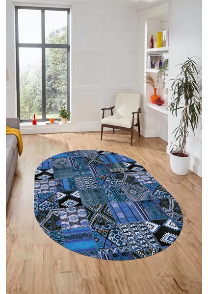 Baskılı Kaymaz Taban Yıkanabilir Patchwork Desen Oval Yolluk Salon Halısı, O-Patchwork-06-Mavi,