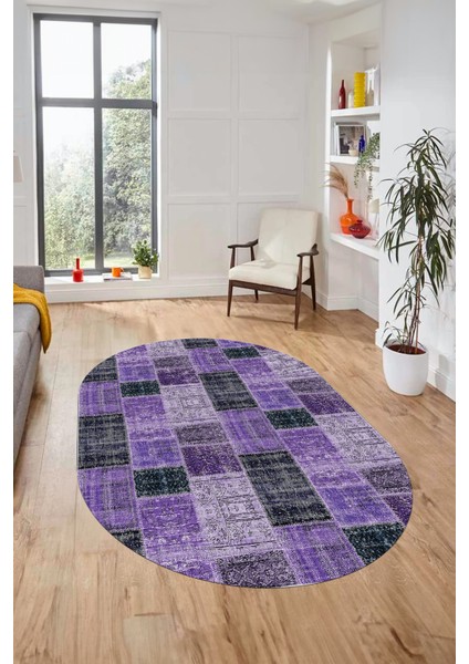 Baskılı Kaymaz Taban Yıkanabilir Patchwork Desen Oval Yolluk Salon Halısı, O-Patchwork-07-Mor,