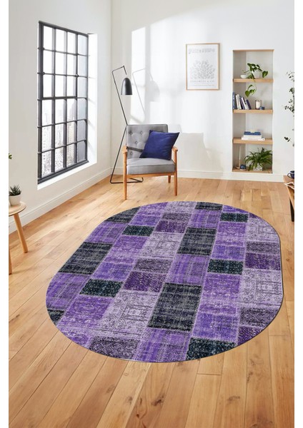 Baskılı Kaymaz Taban Yıkanabilir Patchwork Desen Oval Yolluk Salon Halısı, O-Patchwork-07-Mor,