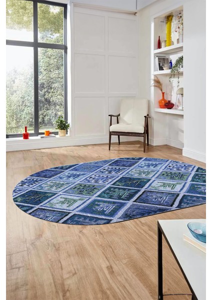 Baskılı Kaymaz Taban Yıkanabilir Patchwork Desen Oval Yolluk Salon Halısı, O-Patchwork-08-Mavi,