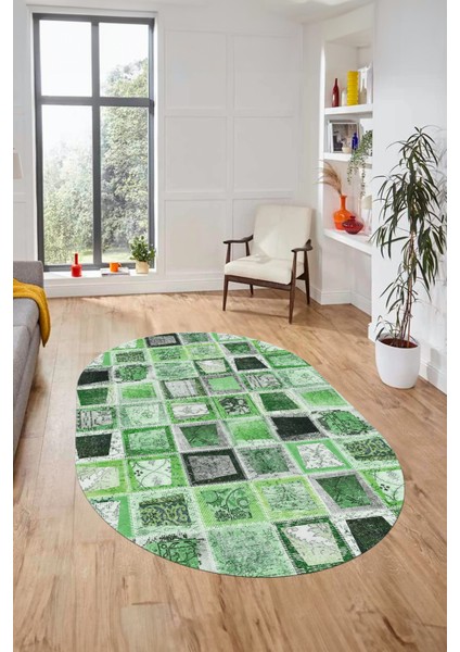 Baskılı Kaymaz Taban Yıkanabilir Patchwork Desen Oval Yolluk Salon Halısı, O-Patchwork-14-Yeşil,