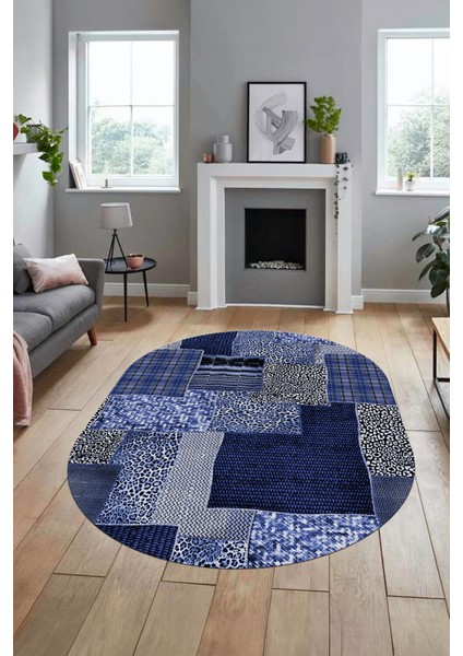 Baskılı Kaymaz Taban Yıkanabilir Patchwork Desen Oval Yolluk Salon Halısı, O-Patchwork-15-Mavi,