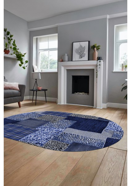 Baskılı Kaymaz Taban Yıkanabilir Patchwork Desen Oval Yolluk Salon Halısı, O-Patchwork-15-Mavi,