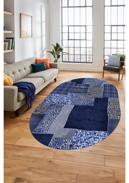 Baskılı Kaymaz Taban Yıkanabilir Patchwork Desen Oval Yolluk Salon Halısı, O-Patchwork-15-Mavi,