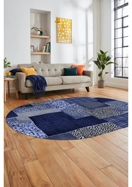 Baskılı Kaymaz Taban Yıkanabilir Patchwork Desen Oval Yolluk Salon Halısı, O-Patchwork-15-Mavi,