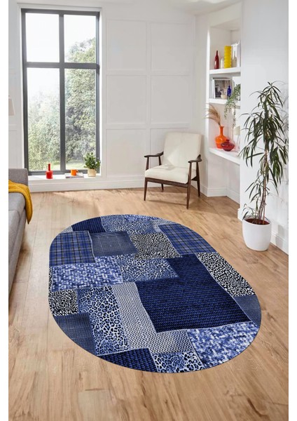 Baskılı Kaymaz Taban Yıkanabilir Patchwork Desen Oval Yolluk Salon Halısı, O-Patchwork-15-Mavi,