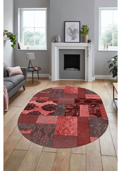 Baskılı Kaymaz Taban Yıkanabilir Patchwork Desen Oval Yolluk Salon Halısı, O-Patchwork-16-Kırmızı,