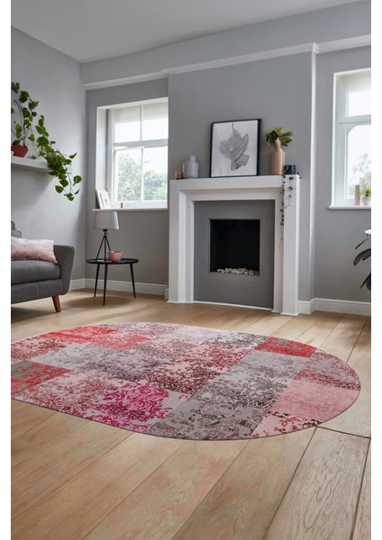 Baskılı Kaymaz Taban Yıkanabilir Patchwork Desen Oval Yolluk Salon Halısı, O-Patchwork-17-Kırmızı,