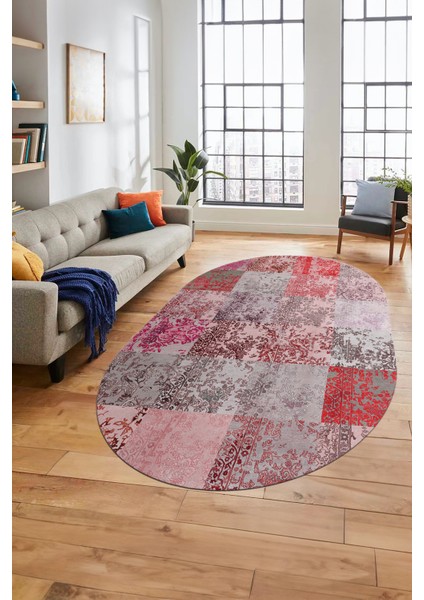 Baskılı Kaymaz Taban Yıkanabilir Patchwork Desen Oval Yolluk Salon Halısı, O-Patchwork-17-Kırmızı, fiyatları
