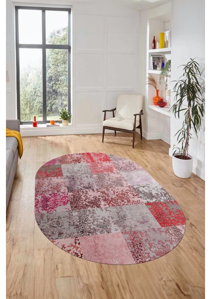 Baskılı Kaymaz Taban Yıkanabilir Patchwork Desen Oval Yolluk Salon Halısı, O-Patchwork-17-Kırmızı, fırsatları