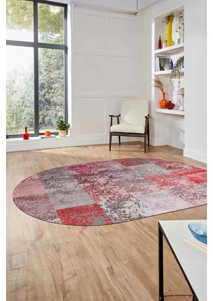 Baskılı Kaymaz Taban Yıkanabilir Patchwork Desen Oval Yolluk Salon Halısı, O-Patchwork-17-Kırmızı, indirimleri