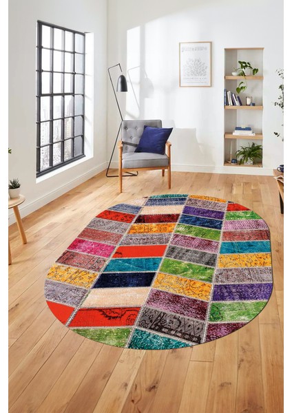 Baskılı Kaymaz Taban Yıkanabilir Patchwork Desen Oval Yolluk Salon Halısı, O-Patchwork-10-Renkli,